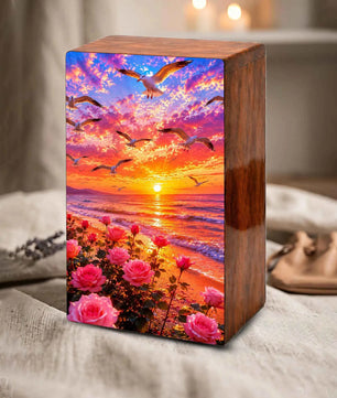 Floral Beach Urn For Ashes - Pink Rose Flower Cremation Mini Keepsake Box