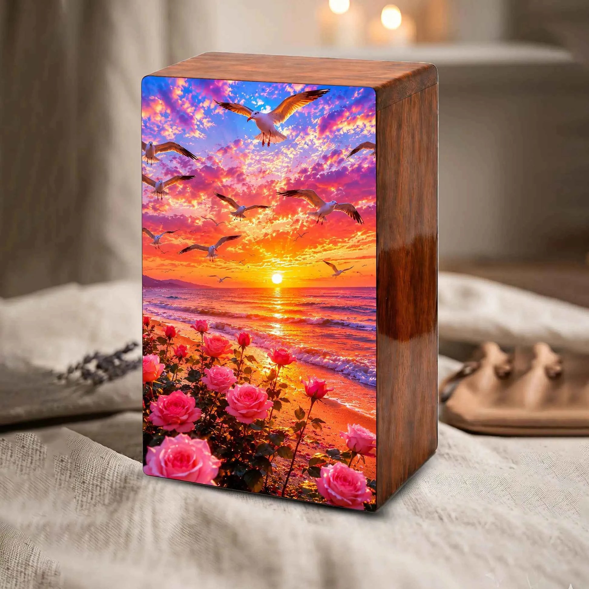 Floral Beach Urn For Ashes - Pink Rose Flower Cremation Mini Keepsake Box