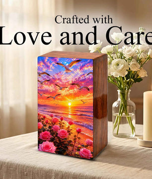 Floral Beach Urn For Ashes - Pink Rose Flower Cremation Mini Keepsake Box
