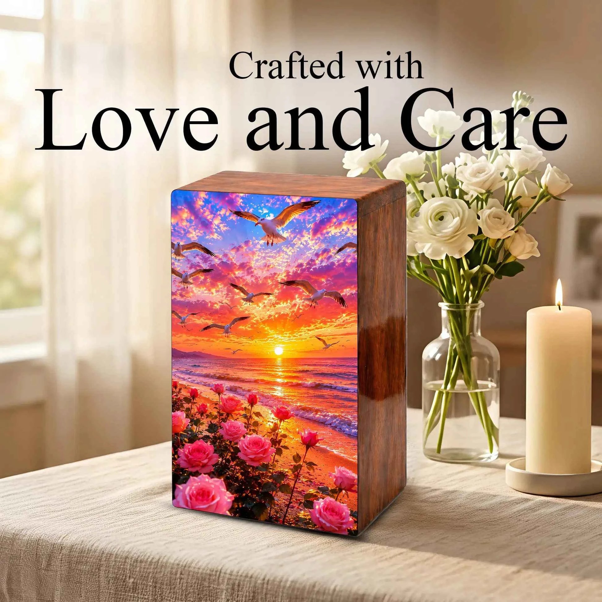 Floral Beach Urn For Ashes - Pink Rose Flower Cremation Mini Keepsake Box