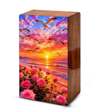 Floral Beach Urn For Ashes - Pink Rose Flower Cremation Mini Keepsake Box