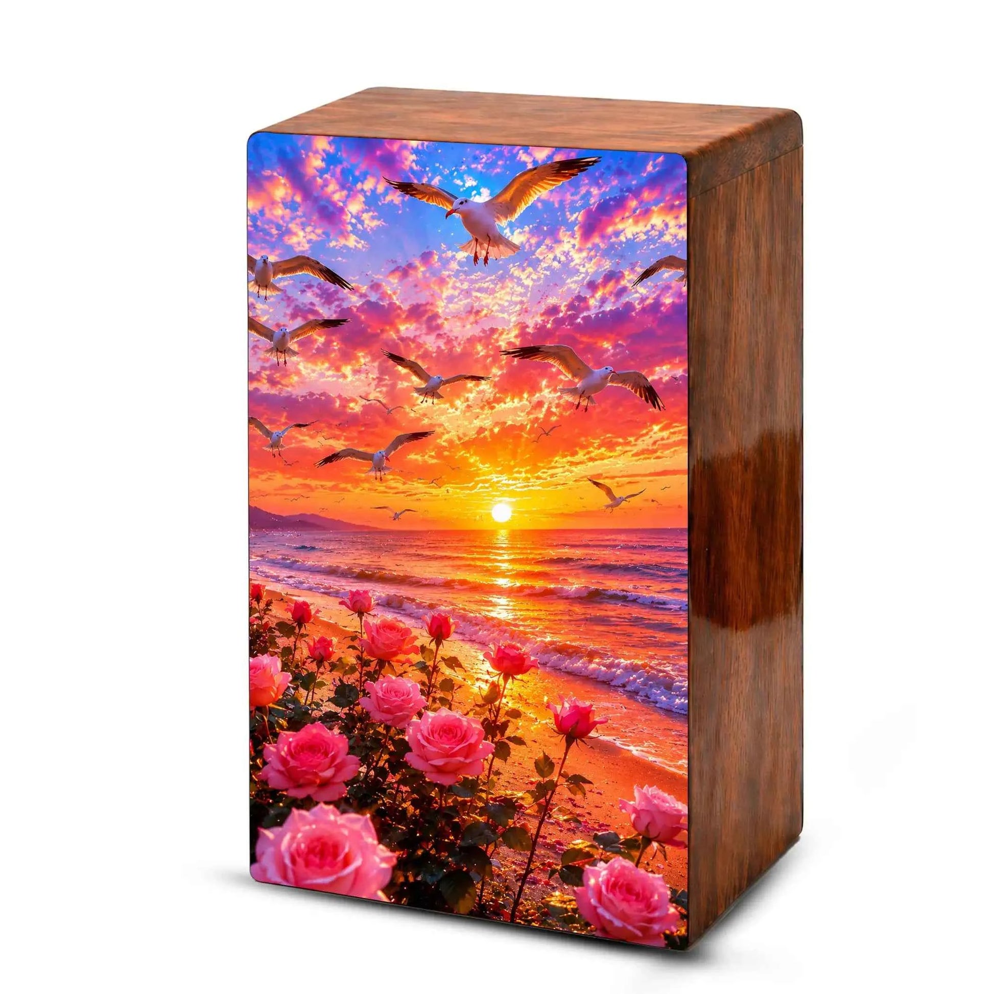 Floral Beach Urn For Ashes - Pink Rose Flower Cremation Mini Keepsake Box