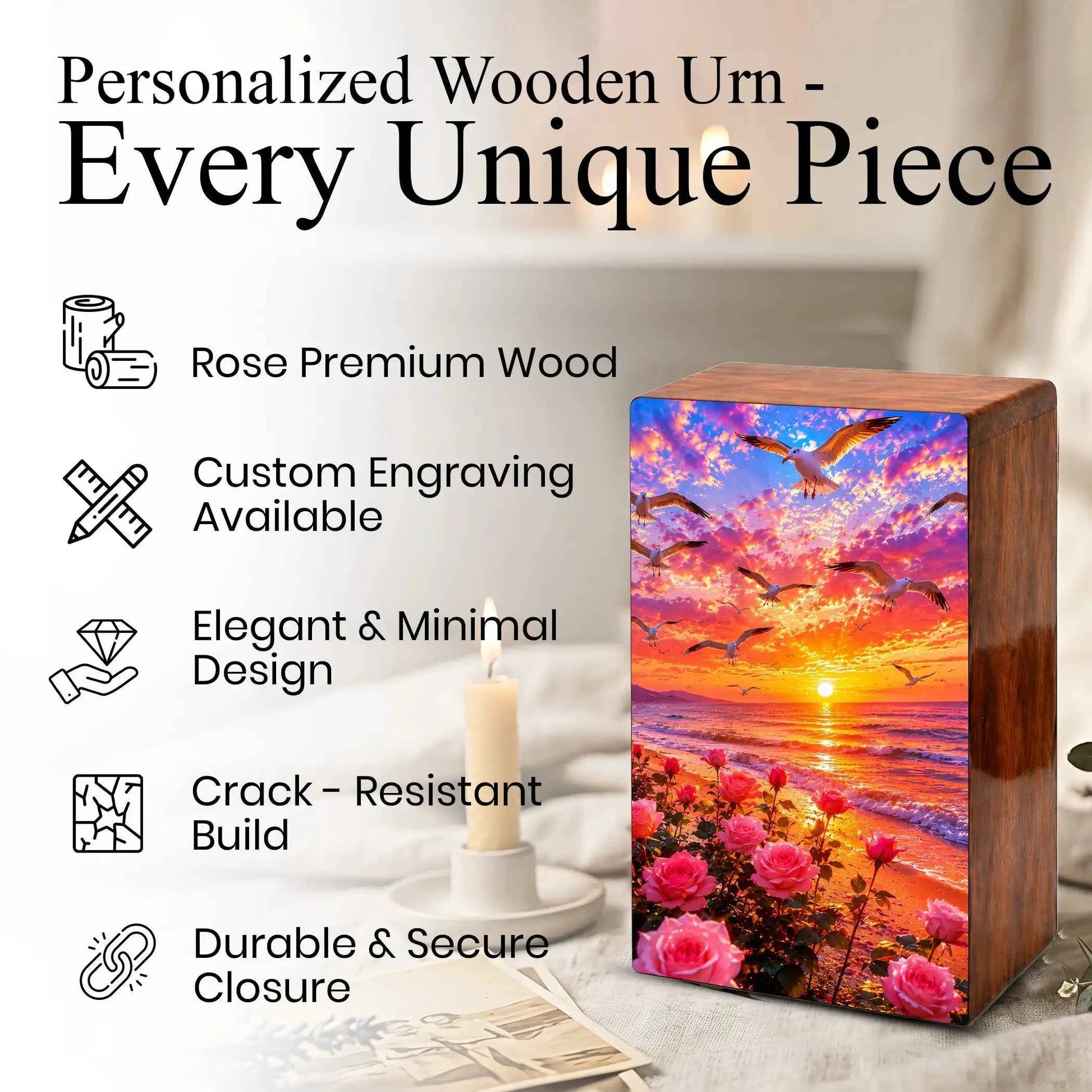 Floral Beach Urn For Ashes - Pink Rose Flower Cremation Mini Keepsake Box