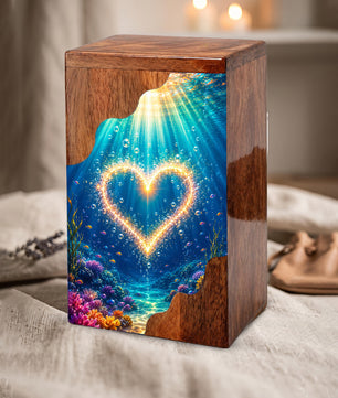 Personalized Ocean Heart Wooden Cremation Urn – Custom Memorial Urn with Underwater Heart