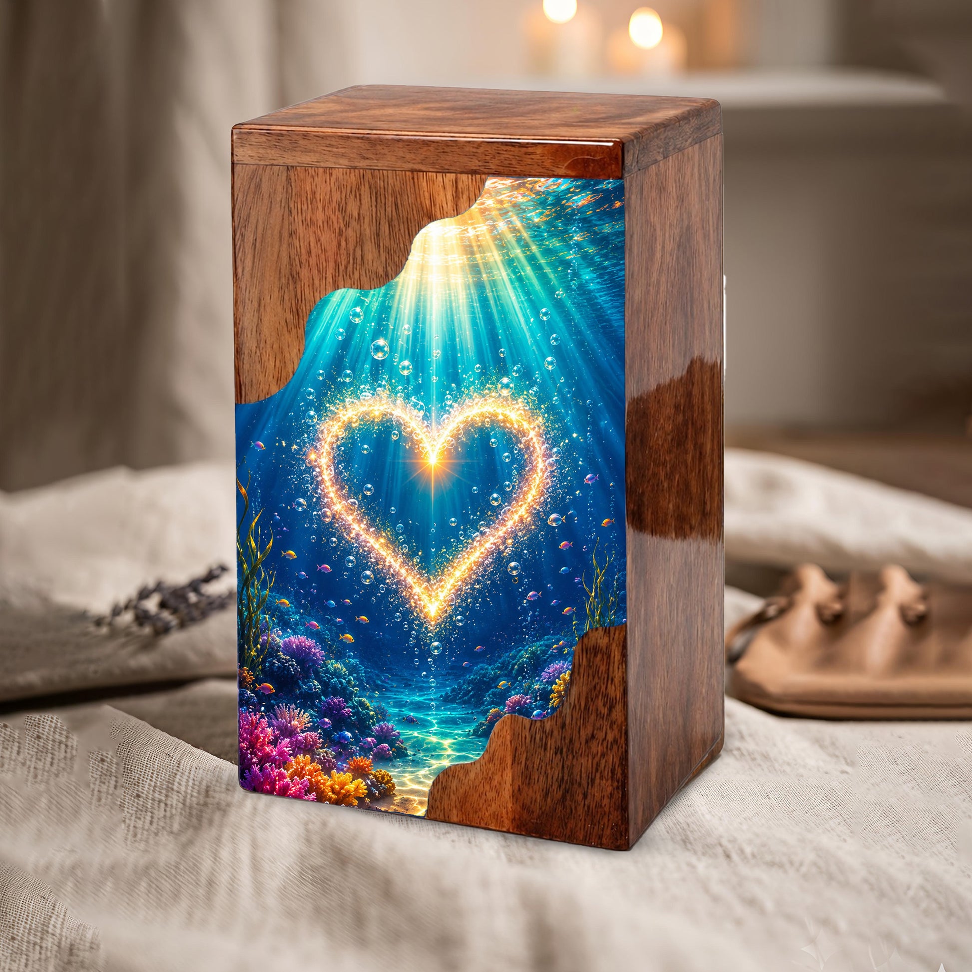Personalized Ocean Heart Wooden Cremation Urn – Custom Memorial Urn with Underwater Heart