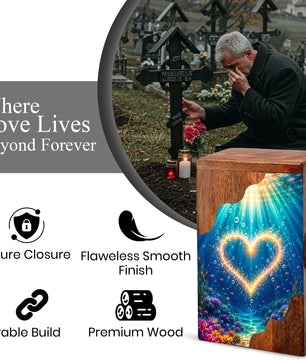 Personalized Ocean Heart Wooden Cremation Urn – Custom Memorial Urn with Underwater Heart