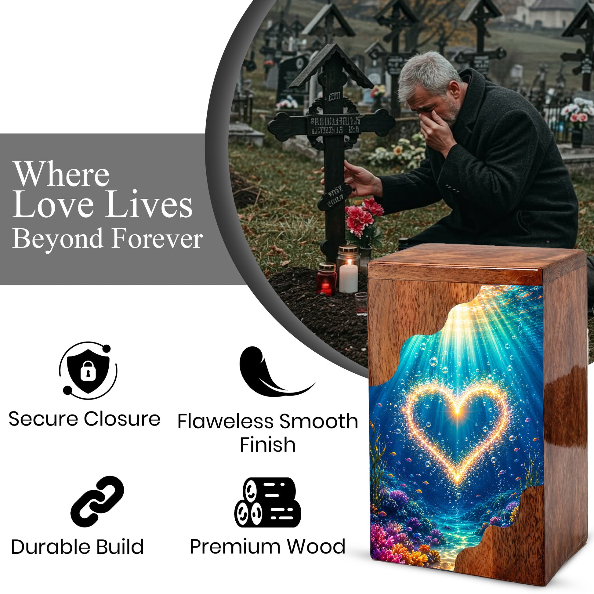 Personalized Ocean Heart Wooden Cremation Urn – Custom Memorial Urn with Underwater Heart