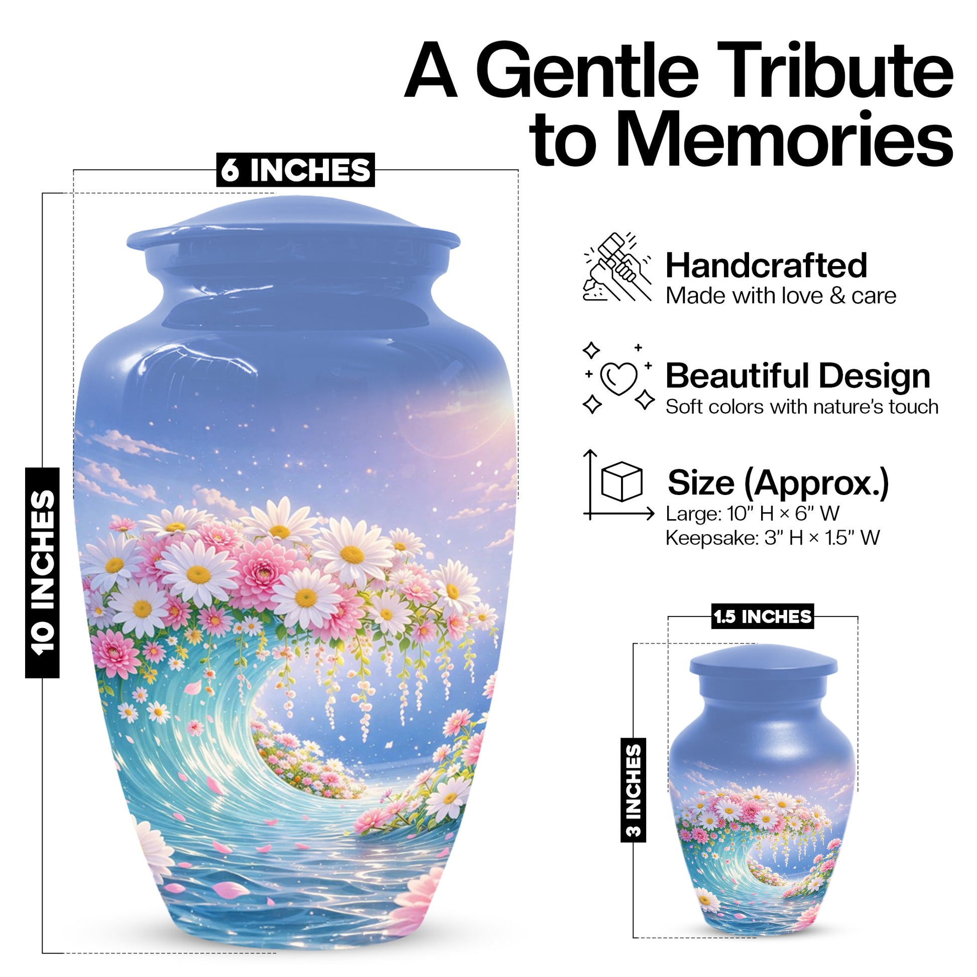Daisy Flower Cremation Urn for Ashes - Ocean Wave Memorial Keepsake Urns for Women