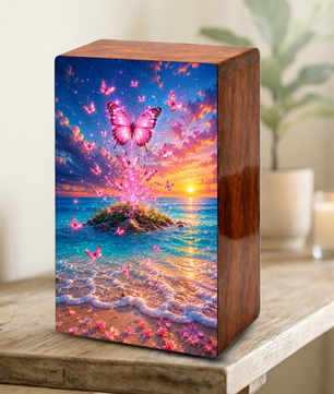Pink Butterfly Beach Urn For Ashes Women - Nature Scene Cremation Urns With Butterflies