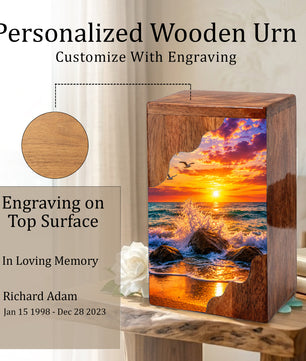 Ocean Sunset Wooden Cremation Urn – Coastal Memorial Urn with Peaceful Wave