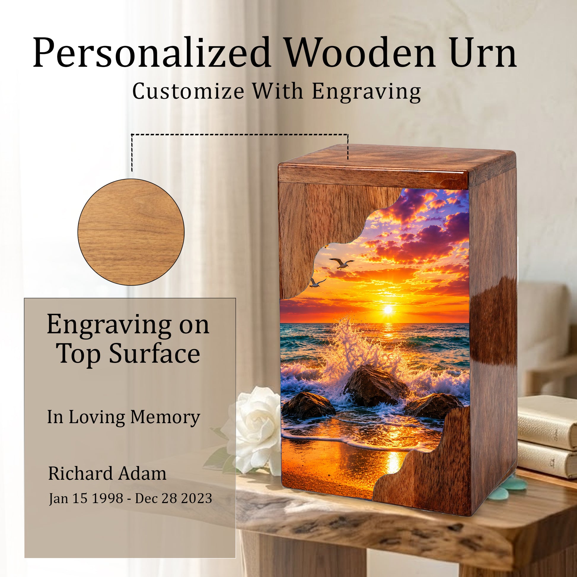 Ocean Sunset Wooden Cremation Urn – Coastal Memorial Urn with Peaceful Wave