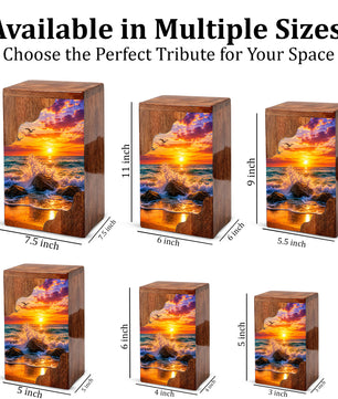 Ocean Sunset Wooden Cremation Urn – Coastal Memorial Urn with Peaceful Wave
