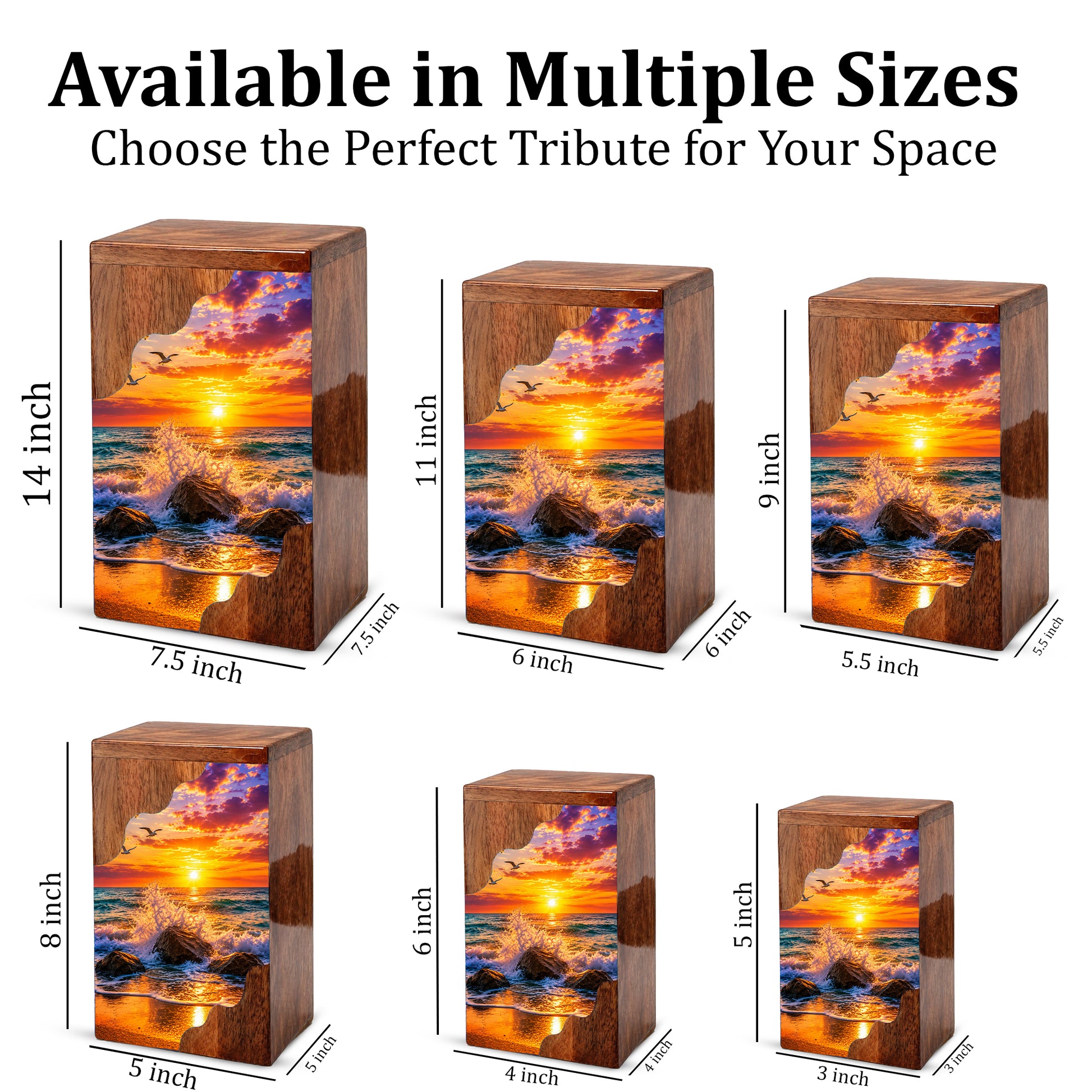 Ocean Sunset Wooden Cremation Urn – Coastal Memorial Urn with Peaceful Wave