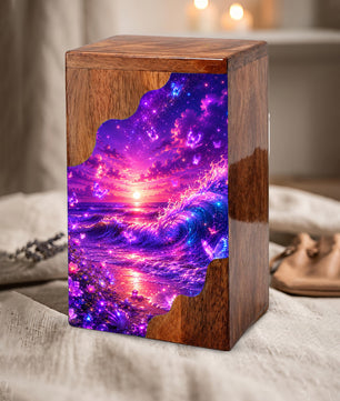 Celestial Ocean Wooden Cremation Urn – Beach Theme Wooden Urn for Human Ashes