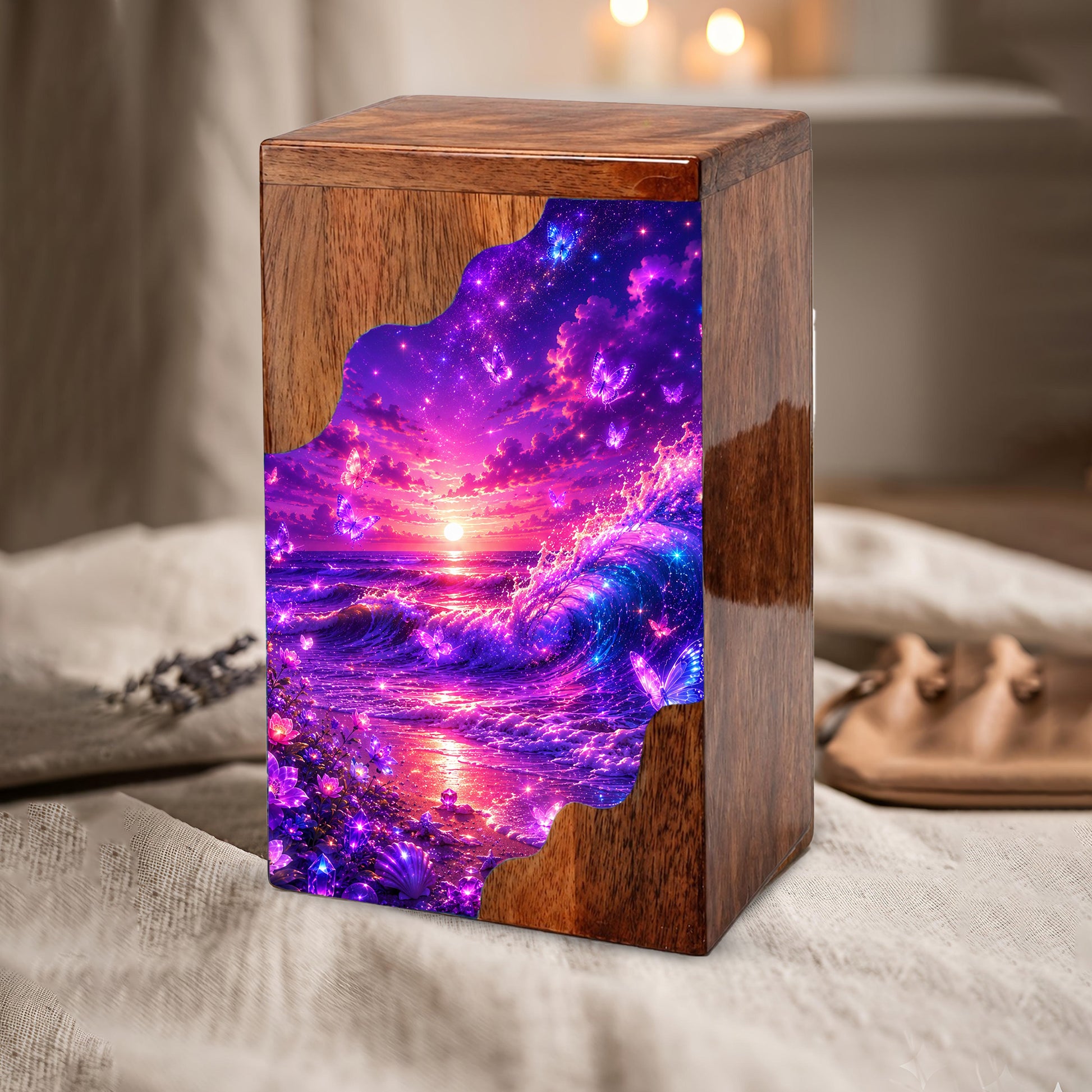 Celestial Ocean Wooden Cremation Urn – Beach Theme Wooden Urn for Human Ashes