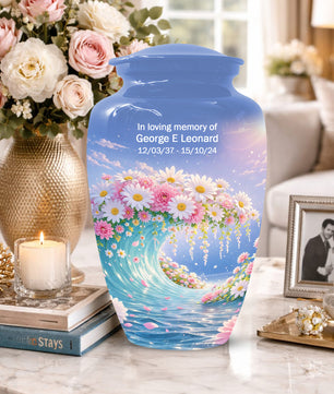 Daisy Flower Cremation Urn for Ashes - Ocean Wave Memorial Keepsake Urns for Women
