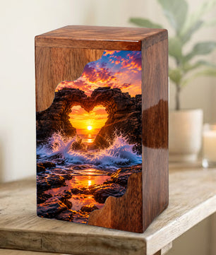 Ocean Sunset Wooden Cremation Urn – Coastal Memorial Urn with Heart Rock Formation