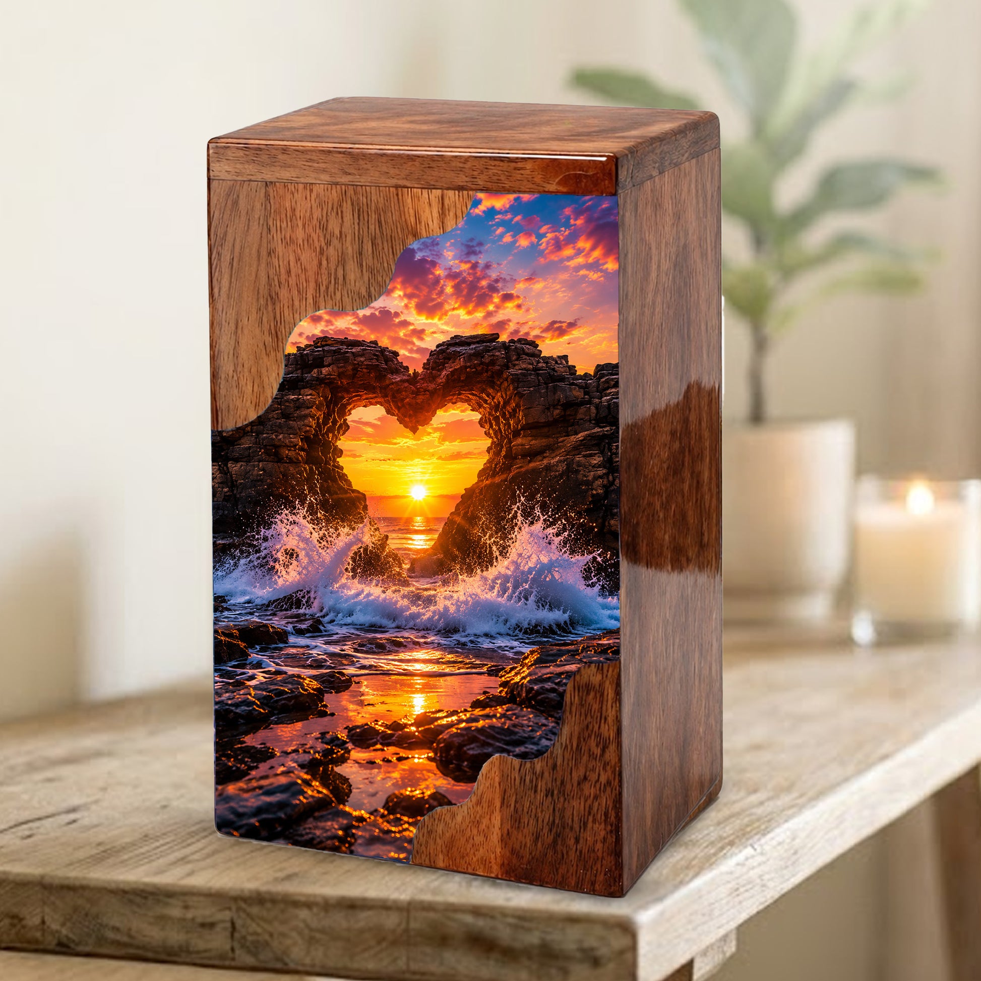 Ocean Sunset Wooden Cremation Urn – Coastal Memorial Urn with Heart Rock Formation