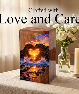 Ocean Sunset Wooden Cremation Urn – Coastal Memorial Urn with Heart Rock Formation