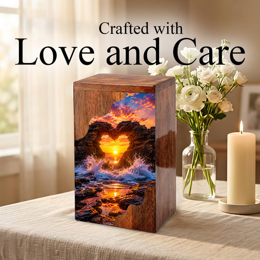Ocean Sunset Wooden Cremation Urn – Coastal Memorial Urn with Heart Rock Formation
