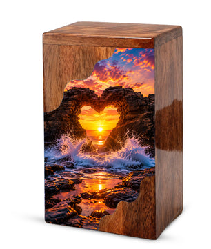 Ocean Sunset Wooden Cremation Urn – Coastal Memorial Urn with Heart Rock Formation