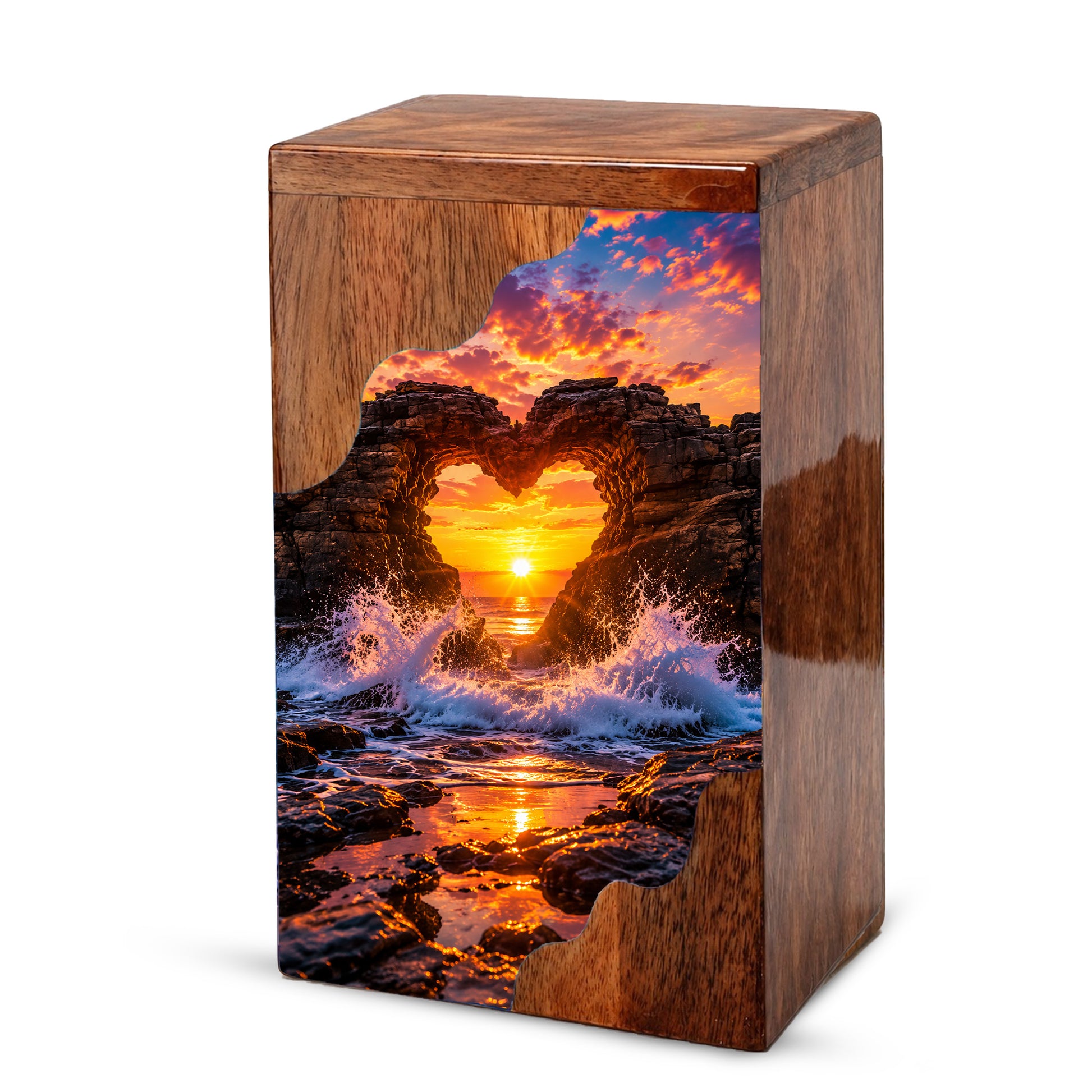 Ocean Sunset Wooden Cremation Urn – Coastal Memorial Urn with Heart Rock Formation