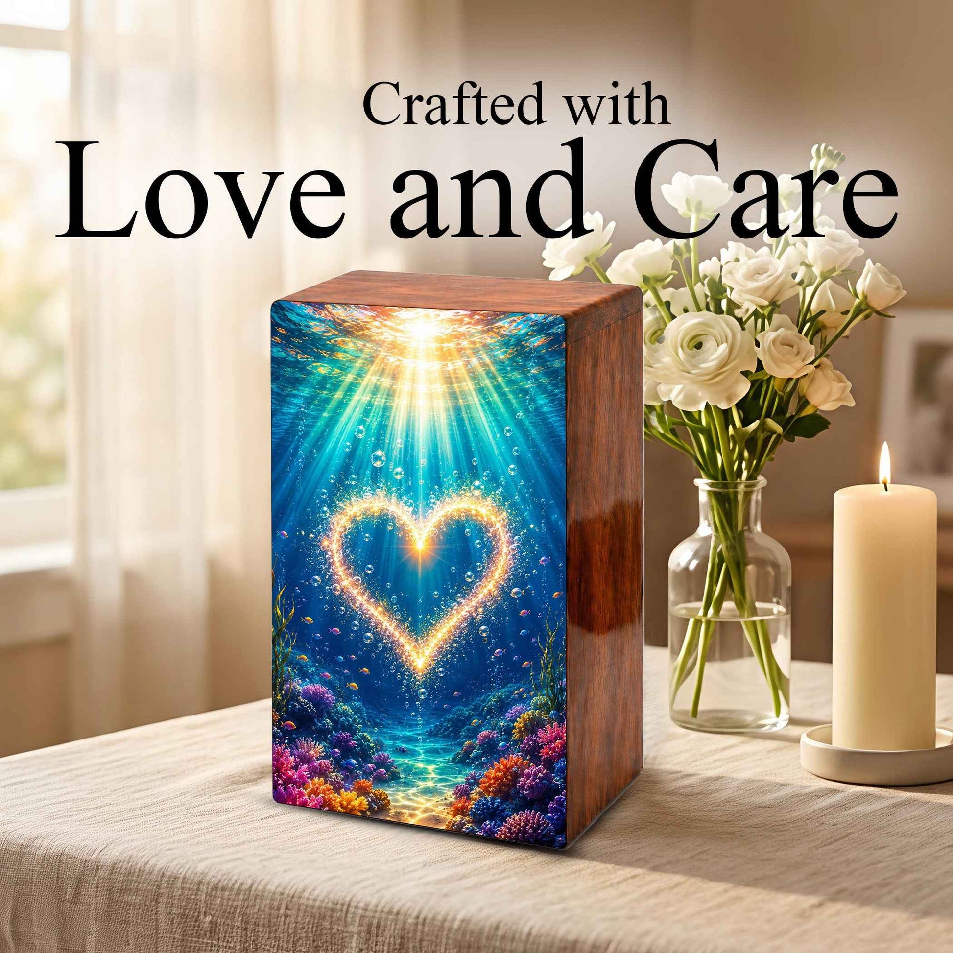 Ocean Urn For Female Ashes - Heart Funeral Box For Adult Men & Women