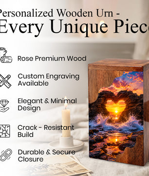 Ocean Sunset Wooden Cremation Urn – Coastal Memorial Urn with Heart Rock Formation