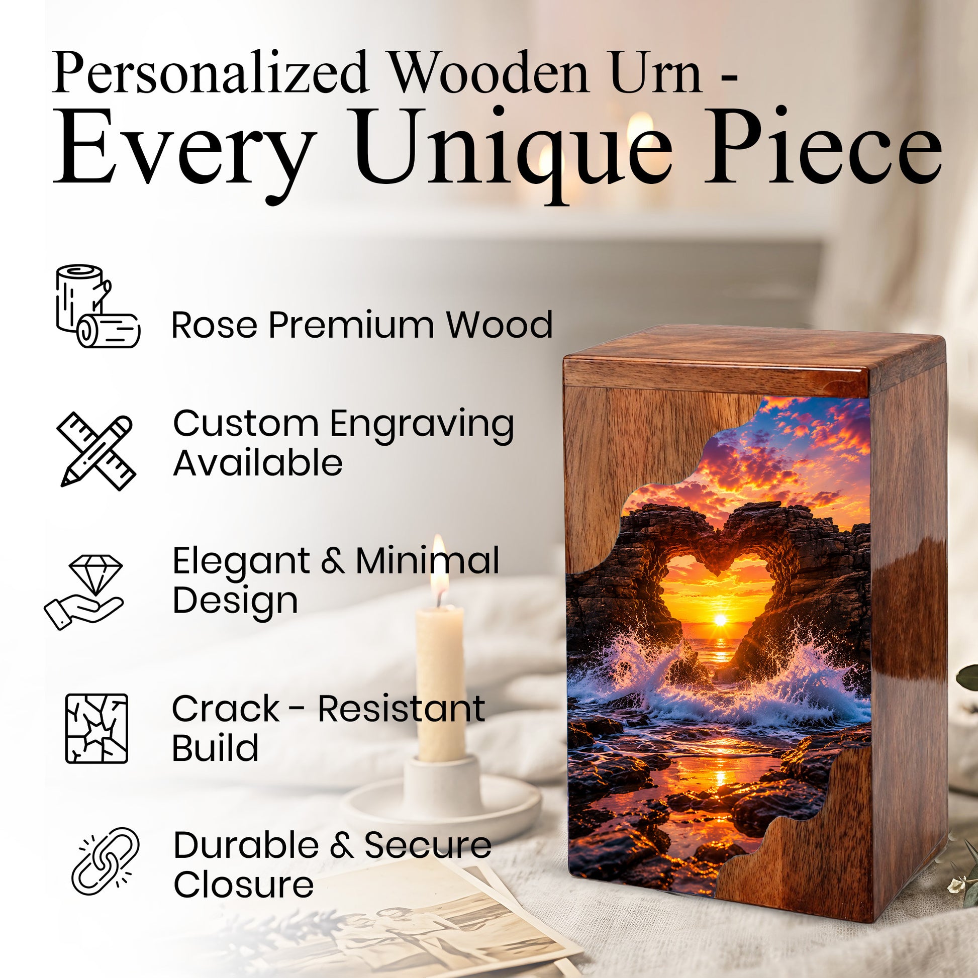 Ocean Sunset Wooden Cremation Urn – Coastal Memorial Urn with Heart Rock Formation