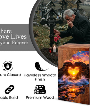 Ocean Sunset Wooden Cremation Urn – Coastal Memorial Urn with Heart Rock Formation