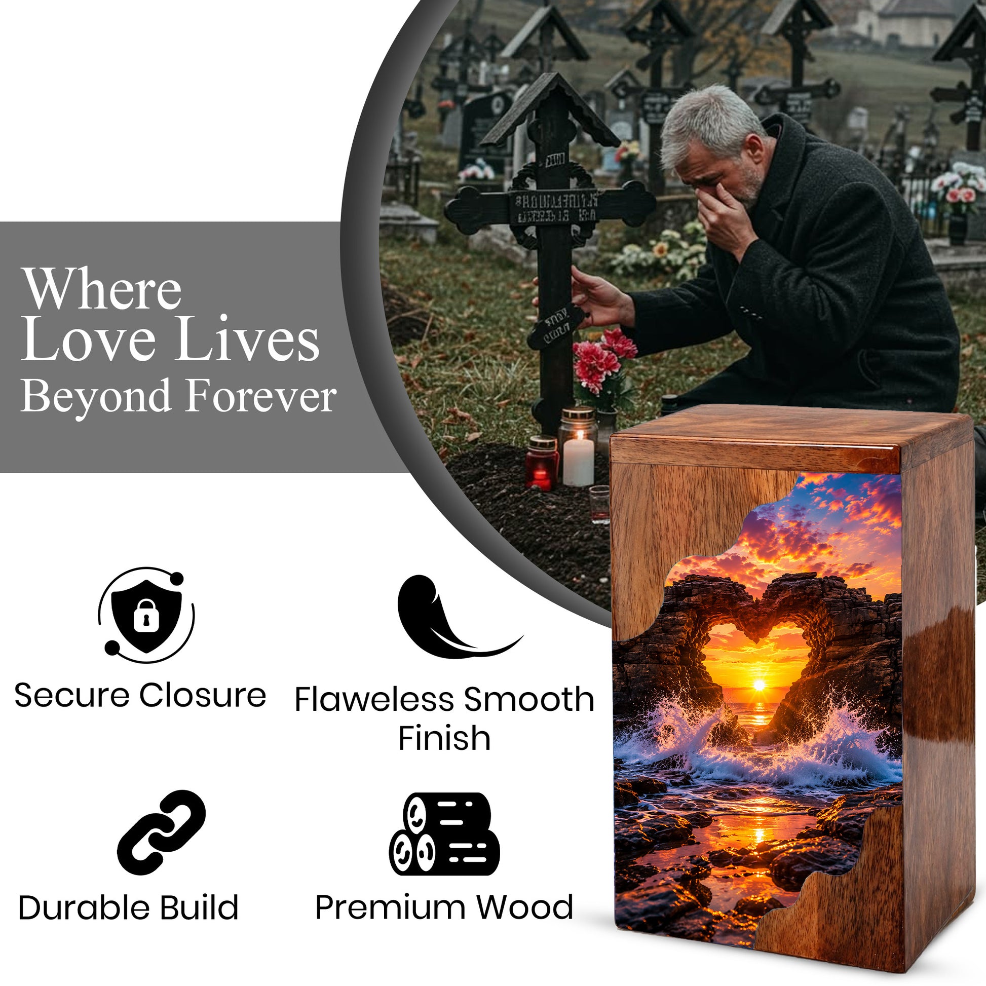 Ocean Sunset Wooden Cremation Urn – Coastal Memorial Urn with Heart Rock Formation