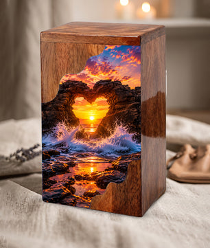 Ocean Sunset Wooden Cremation Urn – Coastal Memorial Urn with Heart Rock Formation