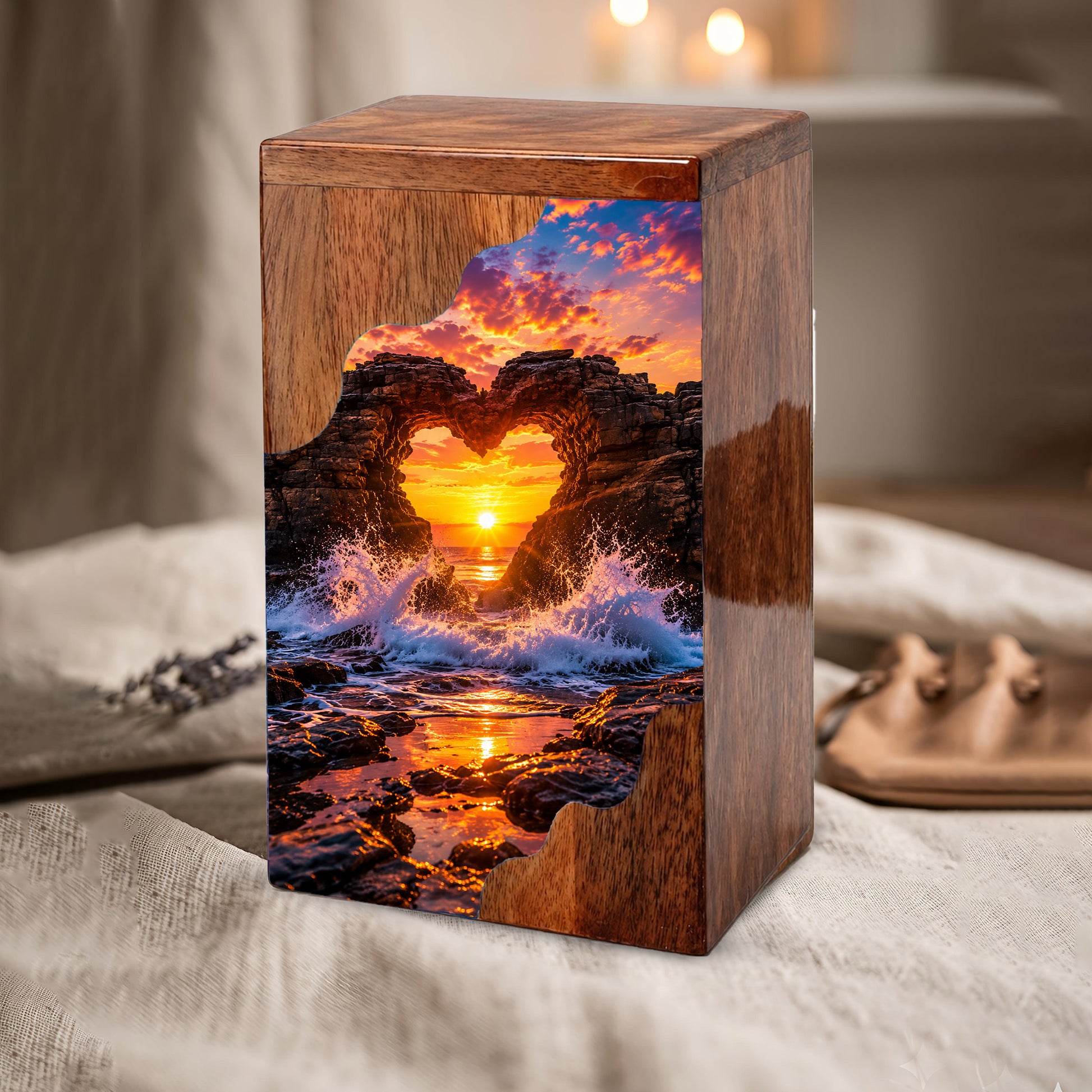 Ocean Sunset Wooden Cremation Urn – Coastal Memorial Urn with Heart Rock Formation