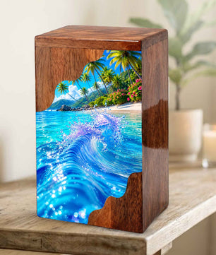 Tropical Ocean Wave Wooden Cremation Urn – Personalized Memorial Urn for Human Ashes