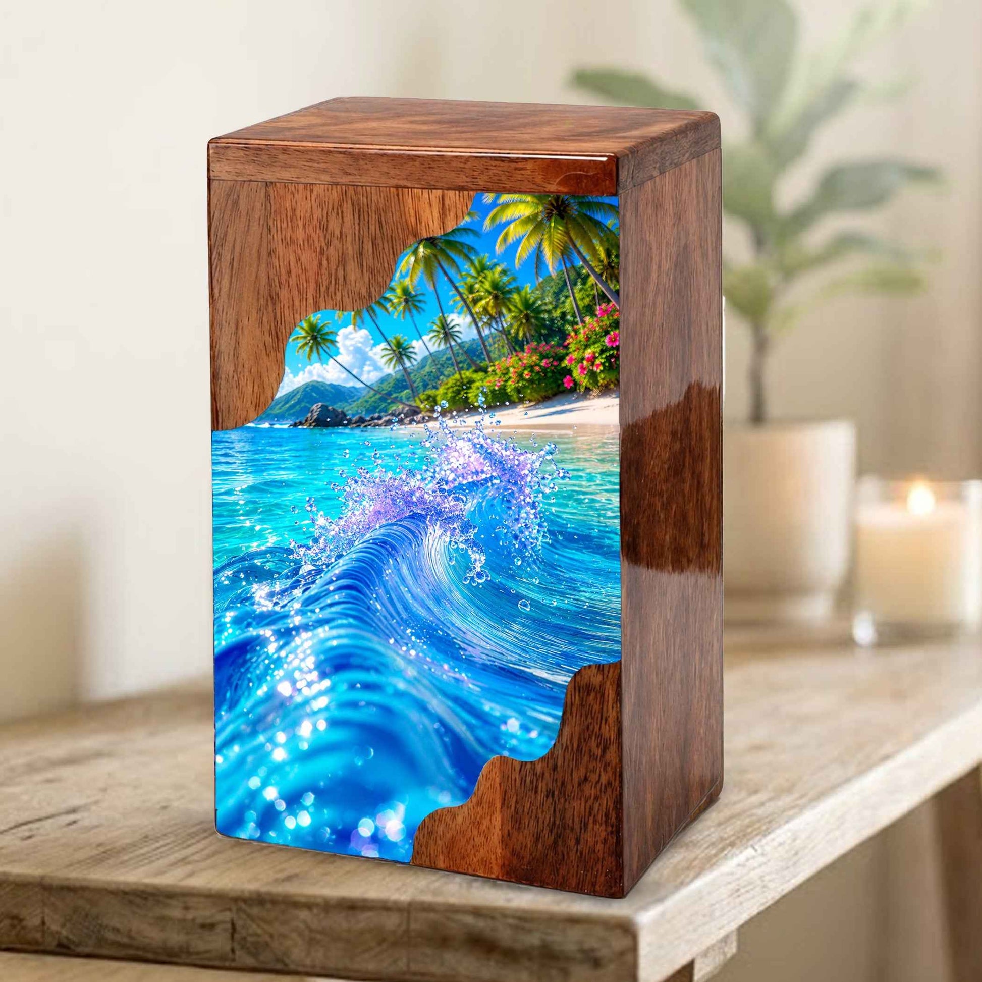 Tropical Ocean Wave Wooden Cremation Urn – Personalized Memorial Urn for Human Ashes