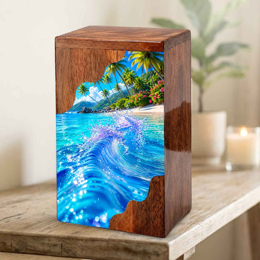 Tropical Ocean Wave Wooden Cremation Urn – Personalized Memorial Urn for Human Ashes