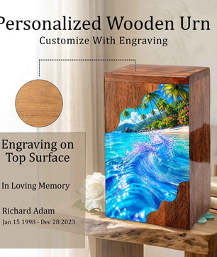 Tropical Ocean Wave Wooden Cremation Urn – Personalized Memorial Urn for Human Ashes