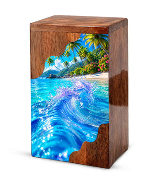 Tropical Ocean Wave Wooden Cremation Urn – Personalized Memorial Urn for Human Ashes