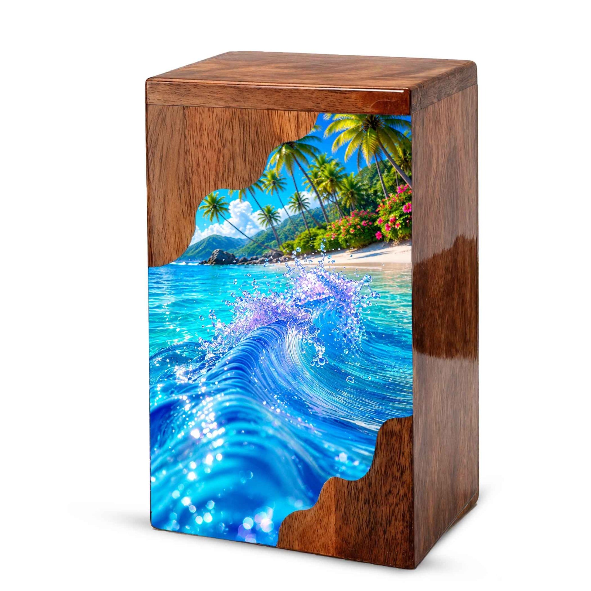 Tropical Ocean Wave Wooden Cremation Urn – Personalized Memorial Urn for Human Ashes
