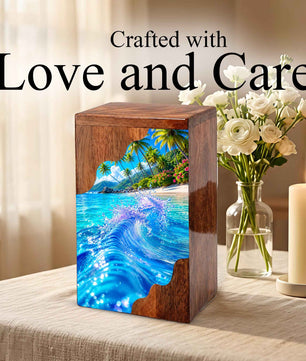 Tropical Ocean Wave Wooden Cremation Urn – Personalized Memorial Urn for Human Ashes