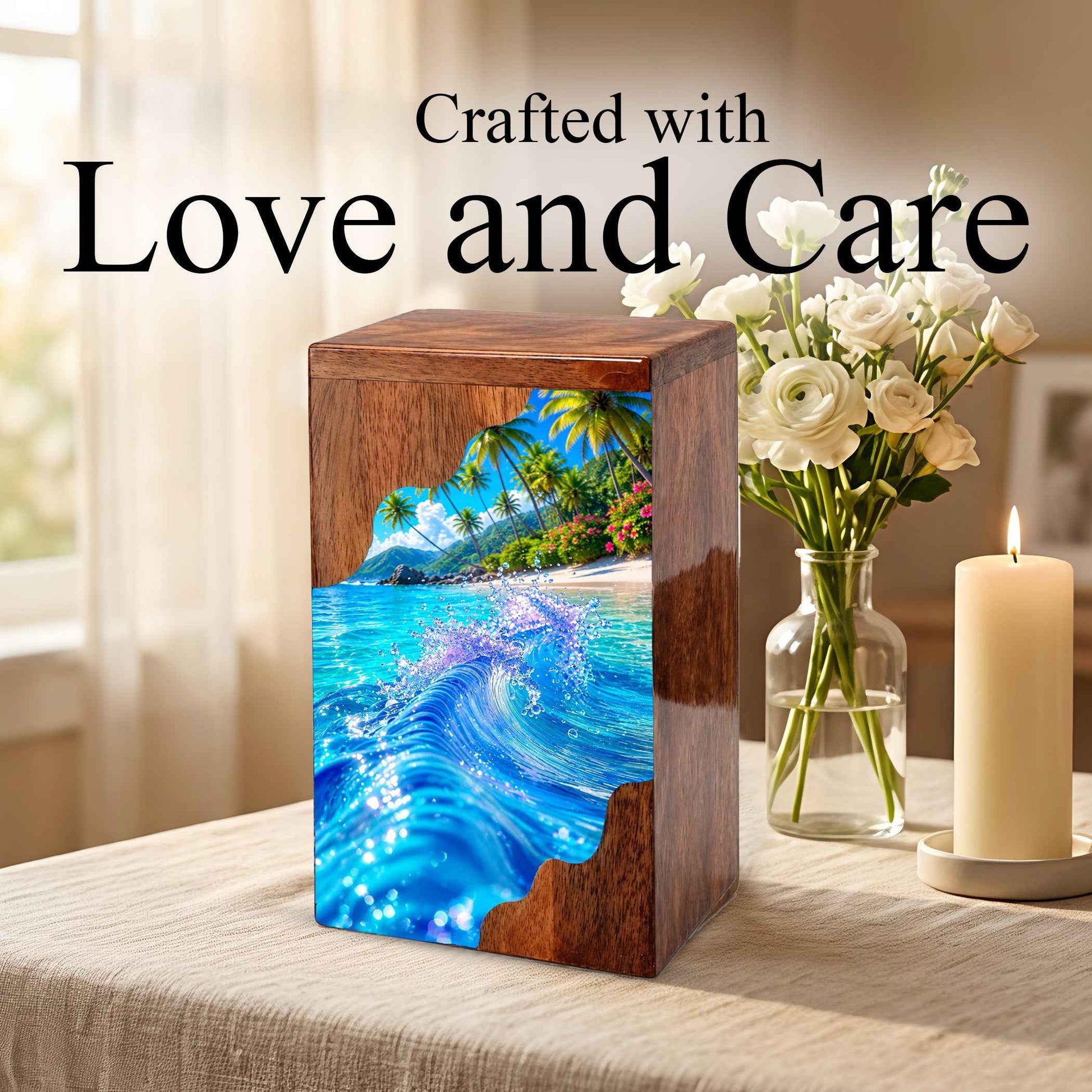 Tropical Ocean Wave Wooden Cremation Urn – Personalized Memorial Urn for Human Ashes