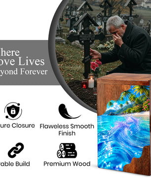 Tropical Ocean Wave Wooden Cremation Urn – Personalized Memorial Urn for Human Ashes