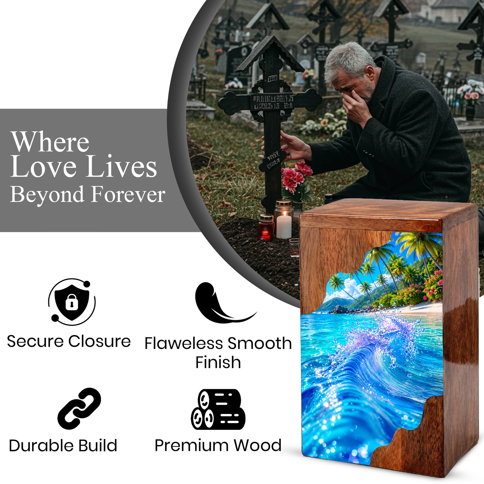Tropical Ocean Wave Wooden Cremation Urn – Personalized Memorial Urn for Human Ashes