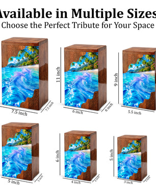 Tropical Ocean Wave Wooden Cremation Urn – Personalized Memorial Urn for Human Ashes