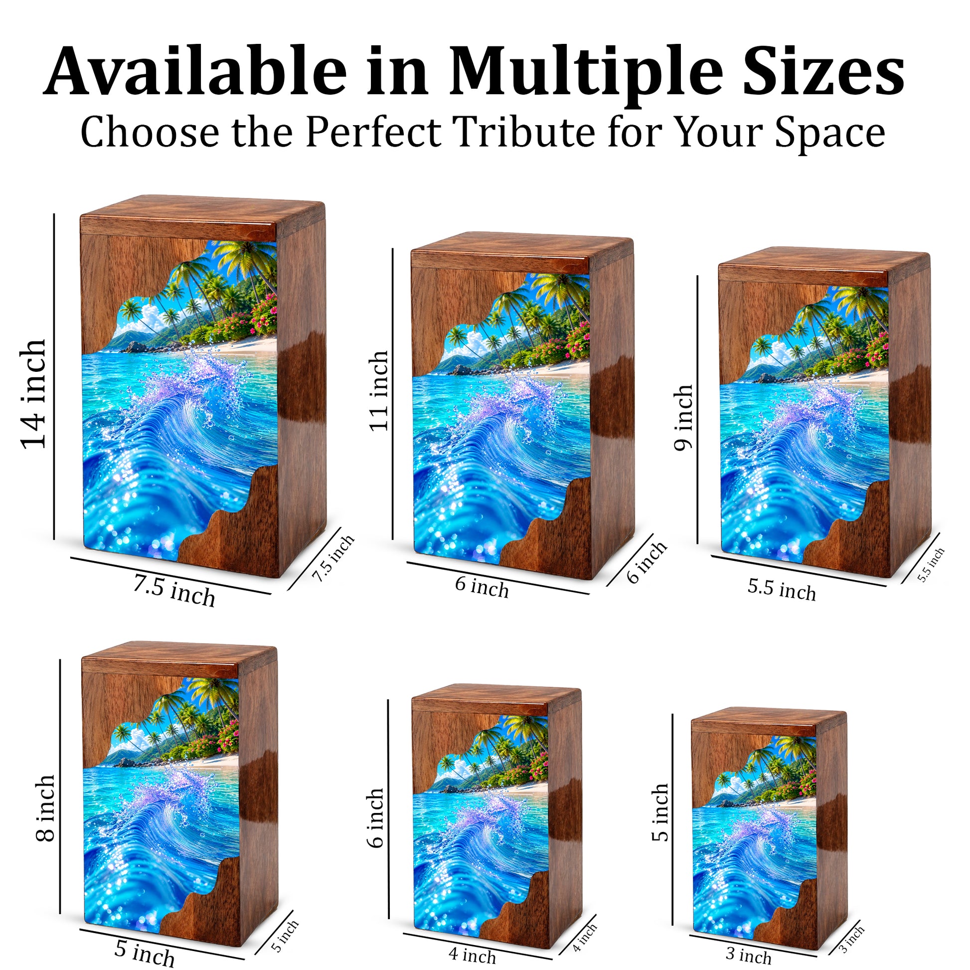 Tropical Ocean Wave Wooden Cremation Urn – Personalized Memorial Urn for Human Ashes