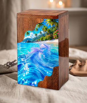 Tropical Ocean Wave Wooden Cremation Urn – Personalized Memorial Urn for Human Ashes