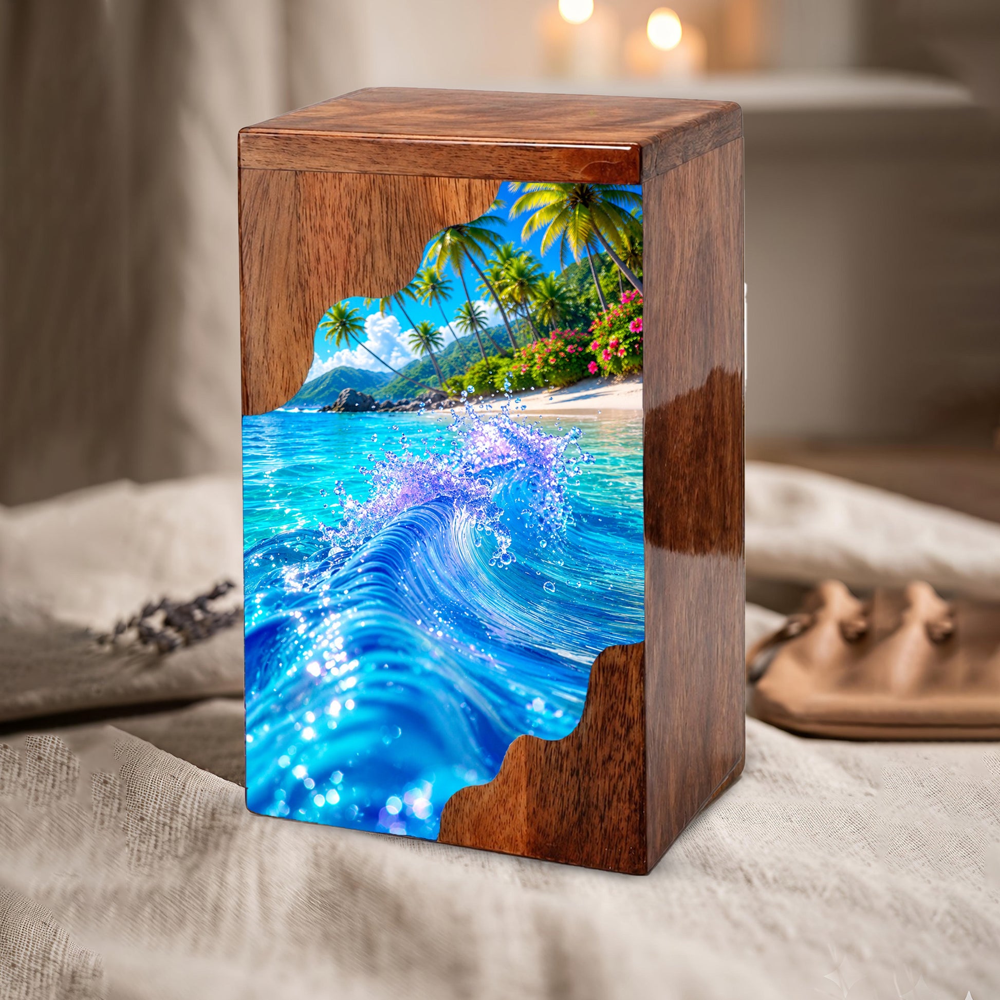 Tropical Ocean Wave Wooden Cremation Urn – Personalized Memorial Urn for Human Ashes