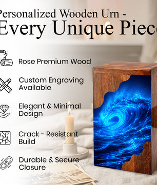 Ocean Wave Wooden Cremation Urn – Eternal Ocean Memorial Urn with Blue Wave Artwork