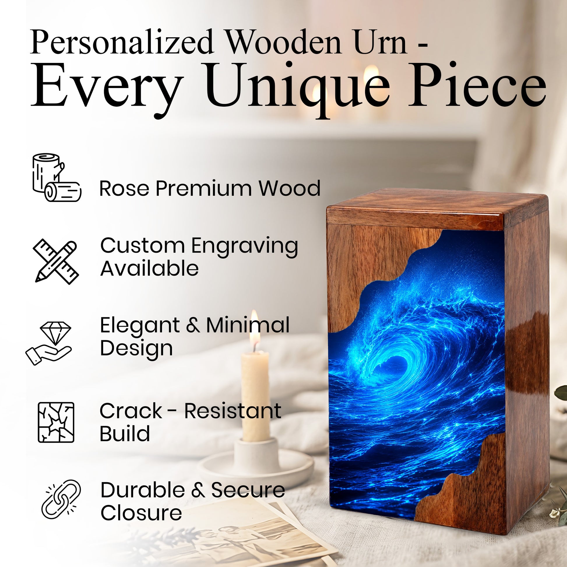 Ocean Wave Wooden Cremation Urn – Eternal Ocean Memorial Urn with Blue Wave Artwork