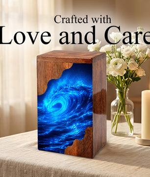 Ocean Wave Wooden Cremation Urn – Eternal Ocean Memorial Urn with Blue Wave Artwork